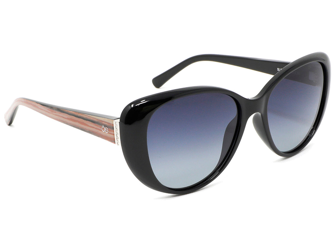 Lentes de sol para mujer con montura negra brillante y varillas en color café.