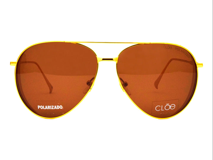 Lentes de sol estilo aviador Cloe con armazón dorado y cristales marrones polarizados.