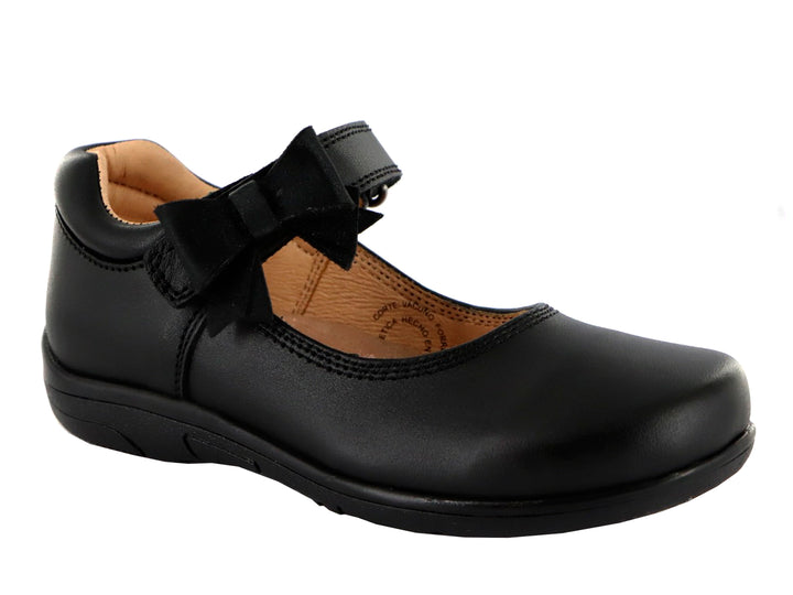 Zapato negro estilo Mary Jane para niña con moño decorativo y correa ajustable.