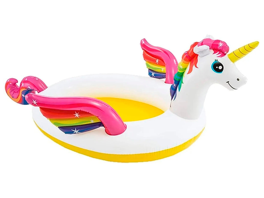 Alberca inflable blanca con diseño de unicornio multicolor y base amarilla.