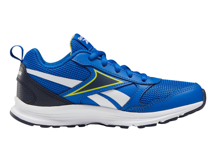 Tenis deportivos Reebok color azul con detalles en azul marino y amarillo y suela blanca.