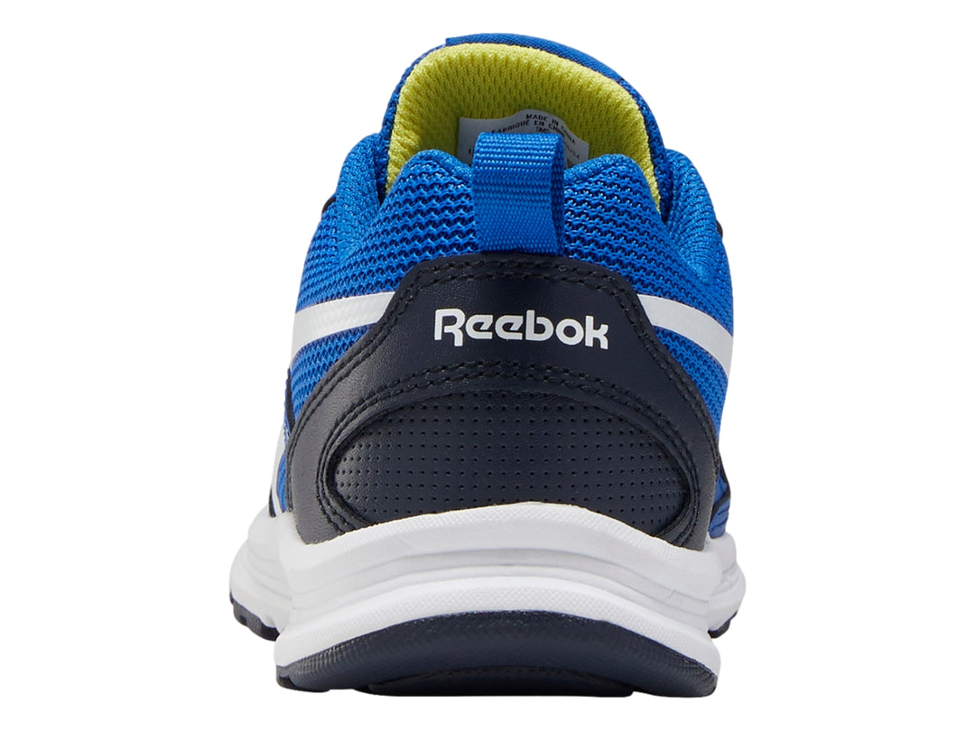 Tenis deportivos Reebok color azul con detalles en azul marino y amarillo y suela blanca.
