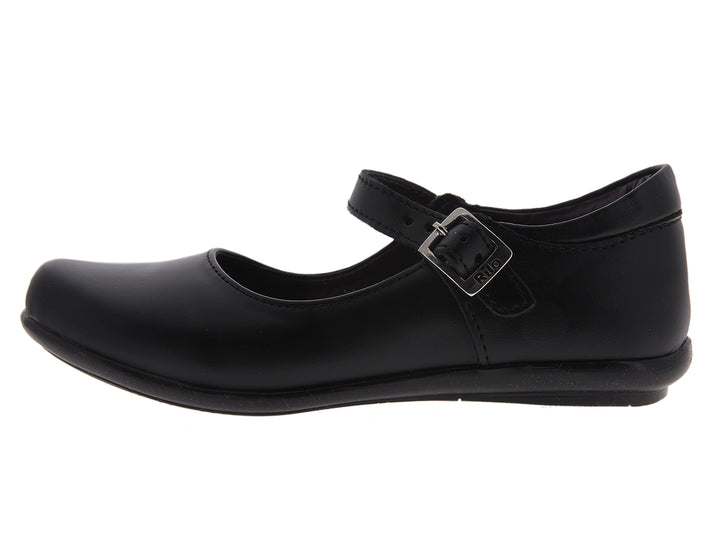 Par de zapatos negros para niña estilo Mary Jane con correa y hebilla plateada.