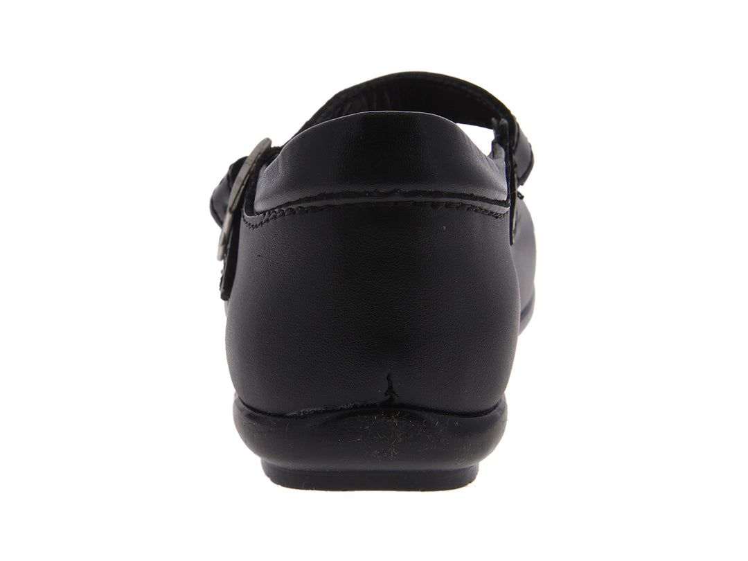 Par de zapatos negros para niña estilo Mary Jane con correa y hebilla plateada.