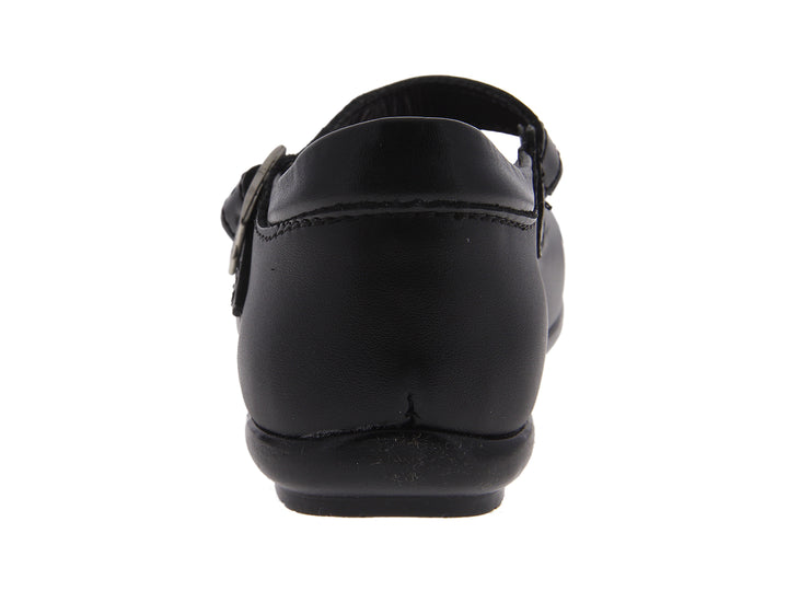Par de zapatos negros para niña estilo Mary Jane con correa y hebilla plateada.