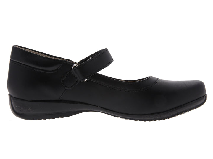 Par de zapatos negros para niña estilo Mary Jane con correa y acabado liso.
