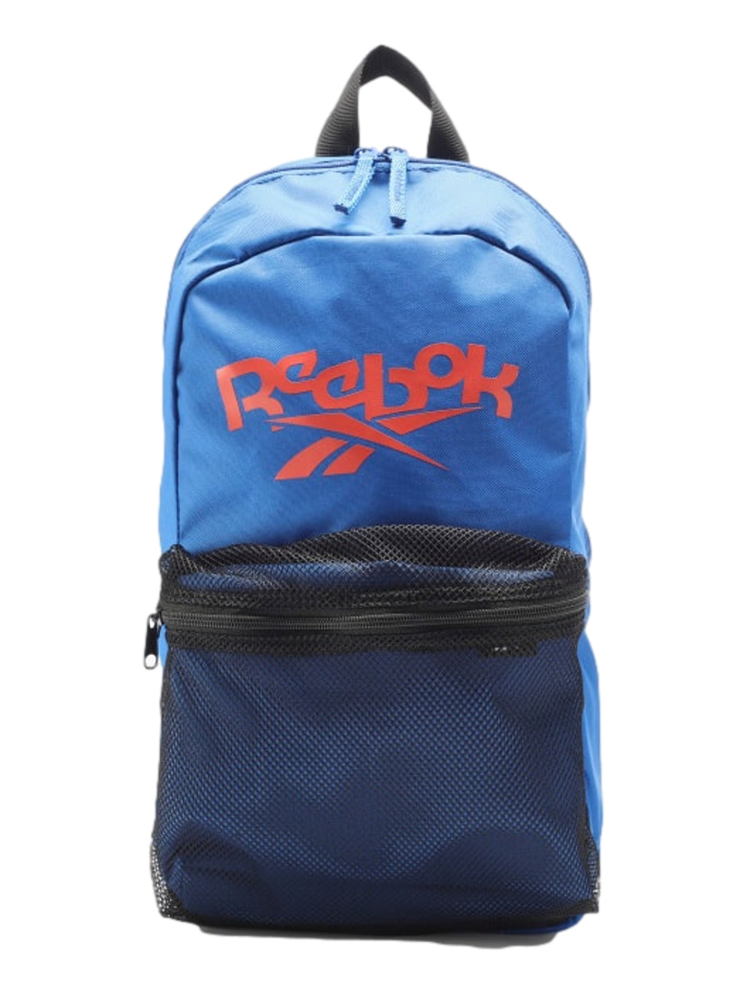 Mochila escolar Reebok azul para niños con bolsillo frontal de malla negra y logotipo rojo.