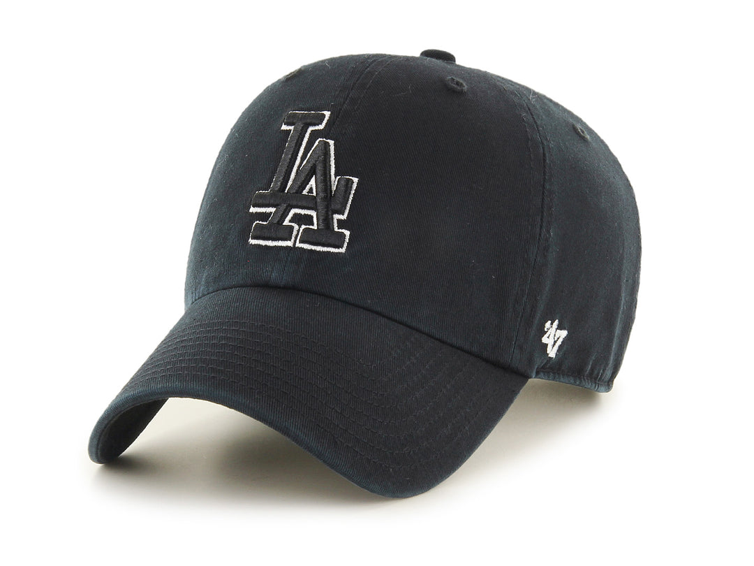 Gorra de béisbol negra de la marca 47 Brand con logo de Los Angeles Dodgers bordado en blanco.