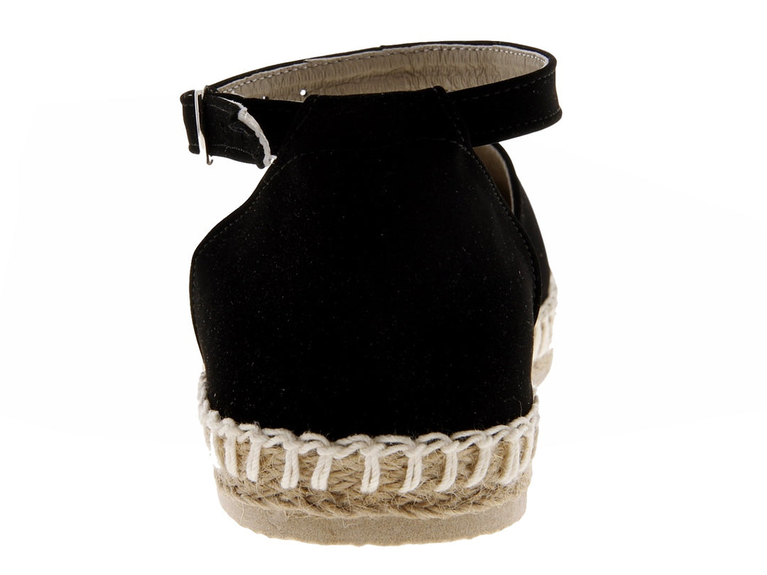 Sandalias negras tipo alpargata con suela de cuerda y correa al tobillo con hebilla.