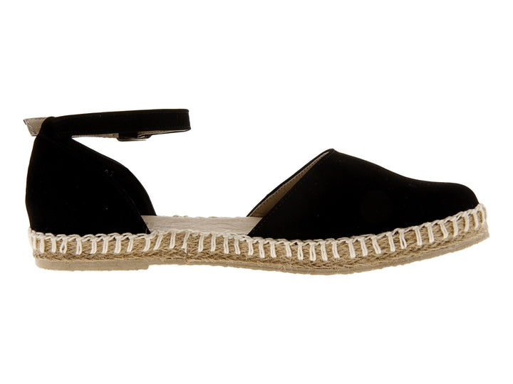 Sandalias negras tipo alpargata con suela de cuerda y correa al tobillo con hebilla.