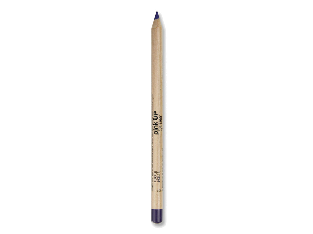 Lápiz delineador de ojos color morado Pink Up con cuerpo de madera sobre fondo blanco.