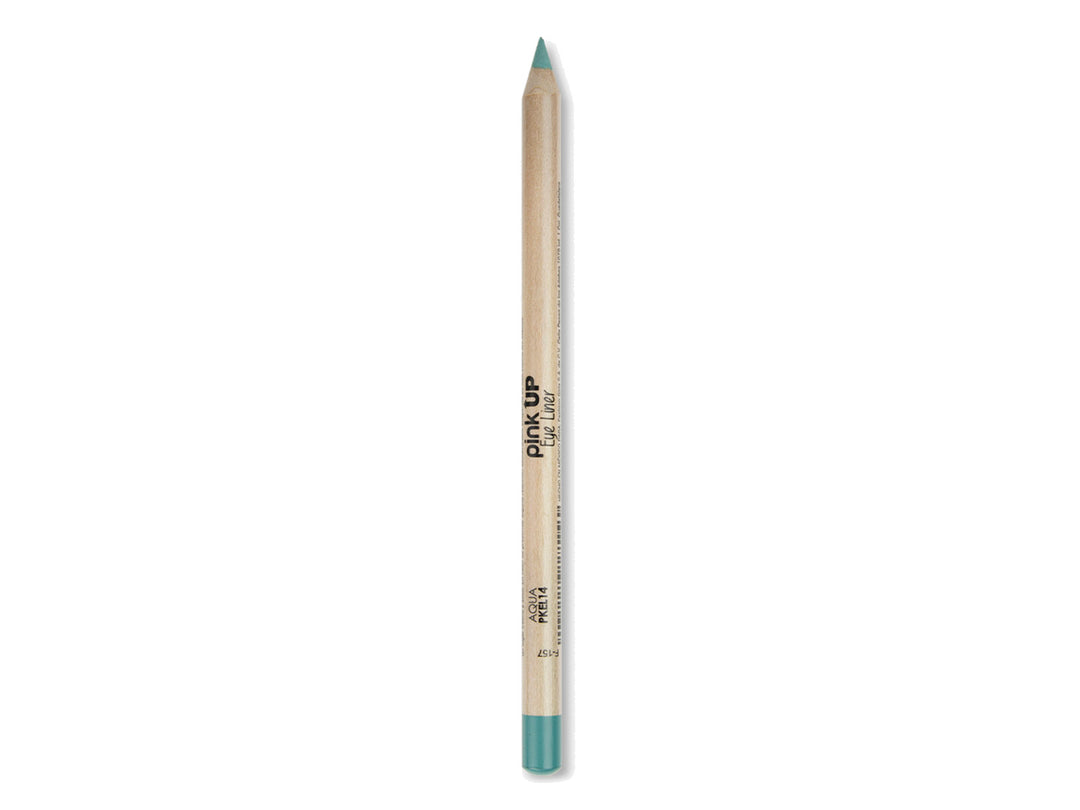 Lápiz perfilador de ojos Pink Up color aqua con cuerpo de madera sobre fondo blanco.