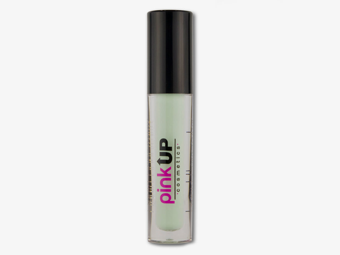 Corrector de maquillaje Pink Up en tubo transparente con contenido verde y tapa negra.