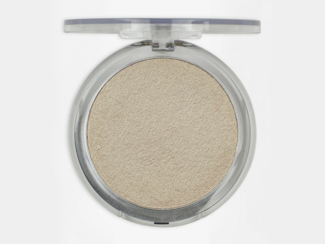 Iluminador Pink Up Sun tono Glow, polvo compacto circular en estuche transparente.