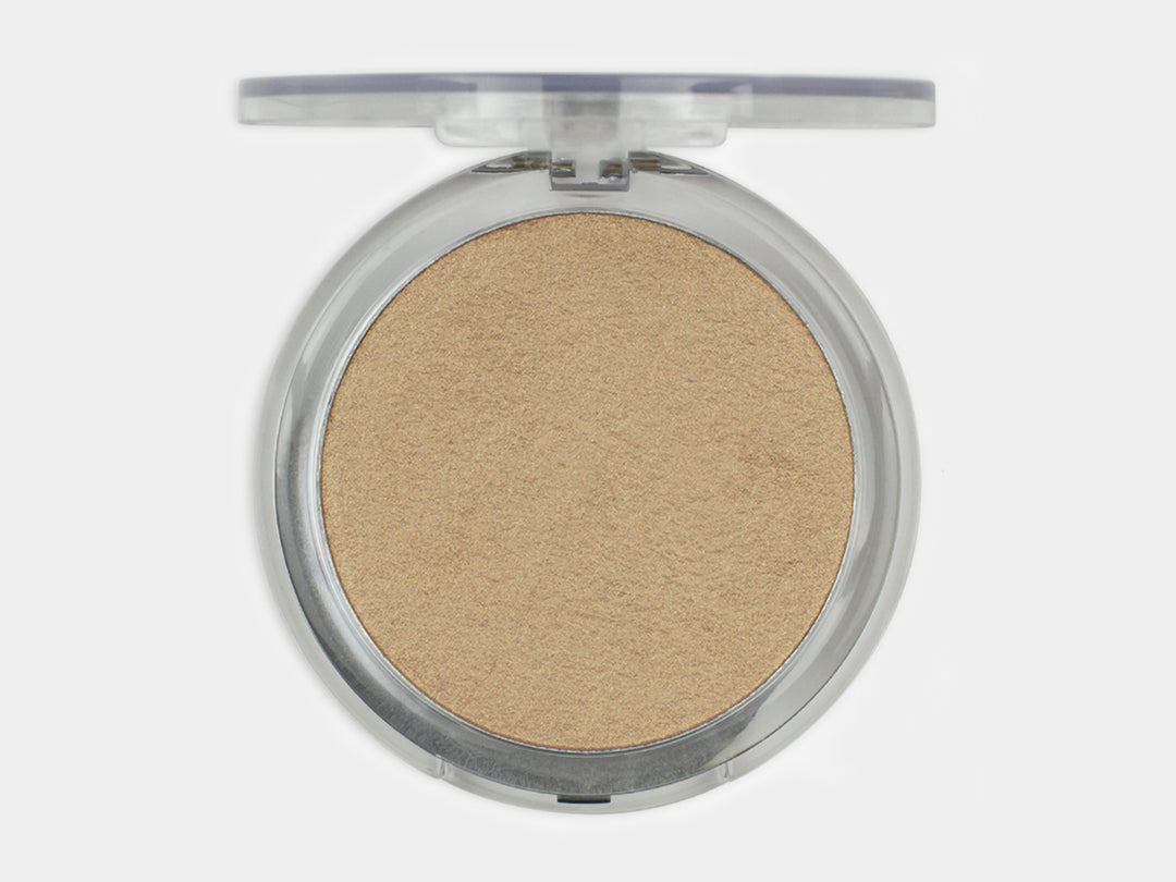 Iluminador facial PINK UP SUN tono Radiance en compacto circular con tapa transparente.
