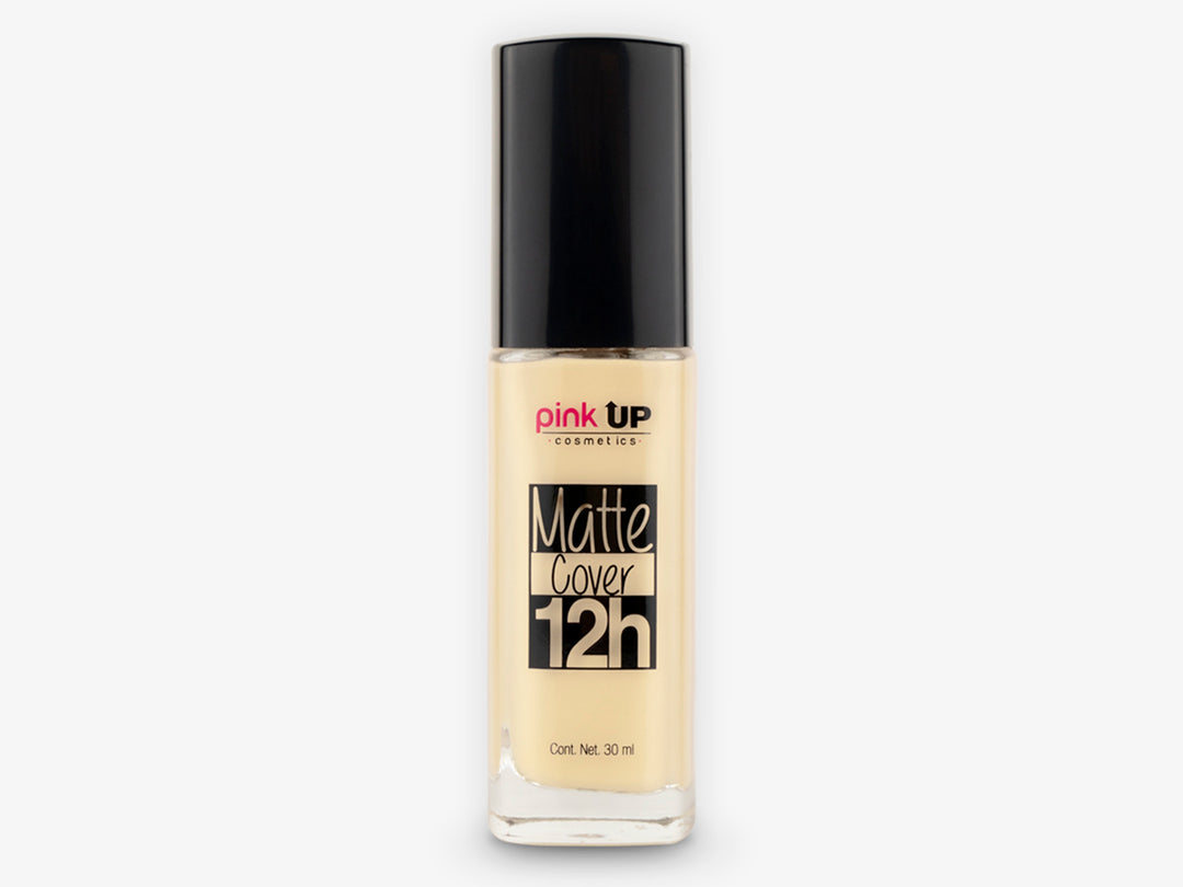 Base de maquillaje Pink Up Easy Cover en envase cilíndrico con tapa negra y contenido color pálido.