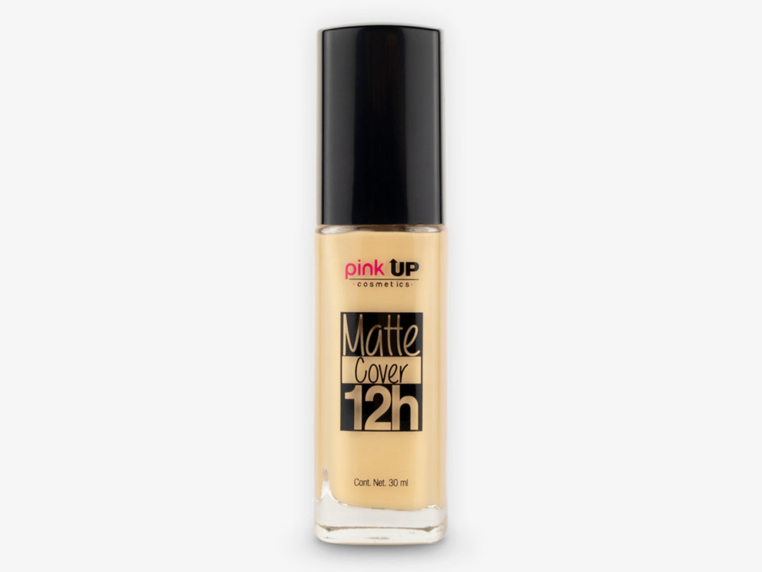 Base de maquillaje Pink Up Matte Cover 12h en envase cilíndrico con tapa negra y contenido color beige.