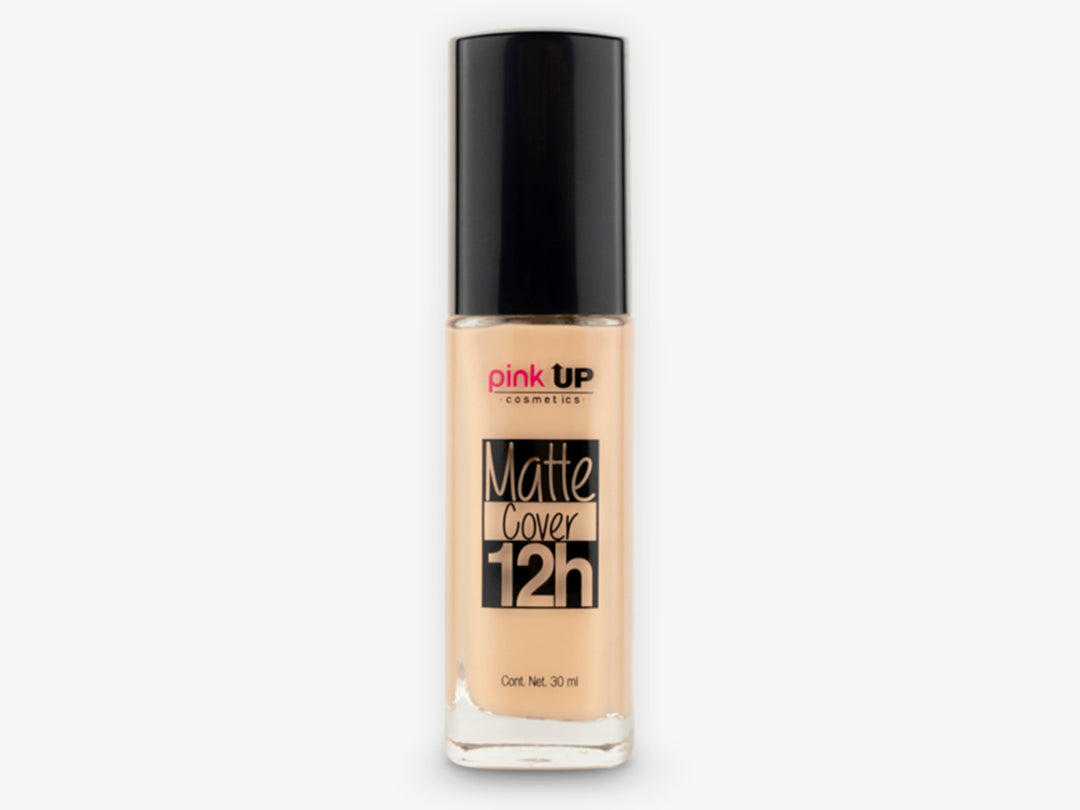 Base de maquillaje líquida Pink Up Matte Cover 12h en tono True Beige con tapa negra.