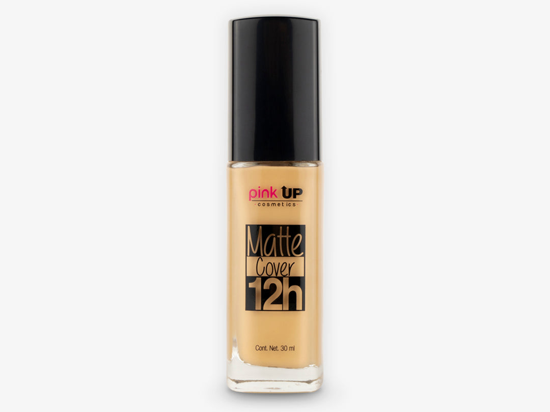 Frasco de base de maquillaje Pink Up Matte Cover 12h con tapa negra y contenido color beige.