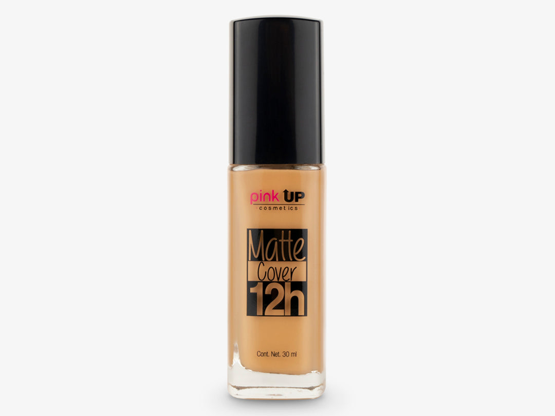 Botella de base de maquillaje PINK UP Matte Cover 12h color Mate Cinnamon con tapa negra.