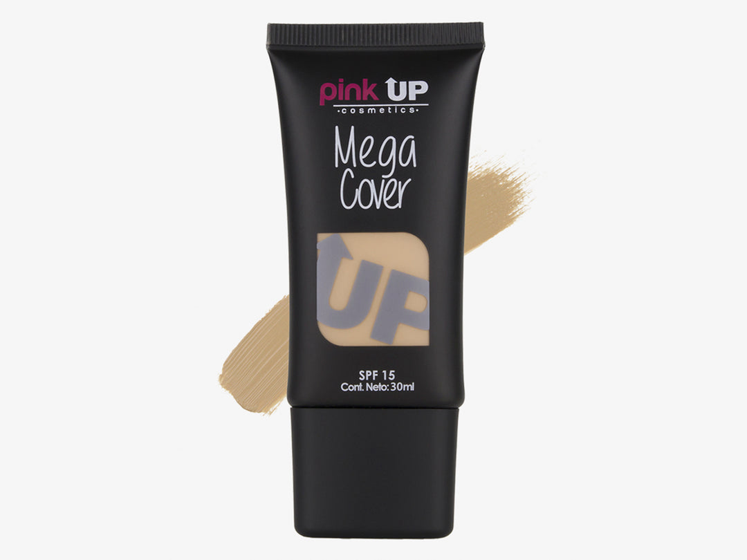 Tubo negro de base de maquillaje Pink Up Mega Cover color marfil con muestra de producto al fondo.