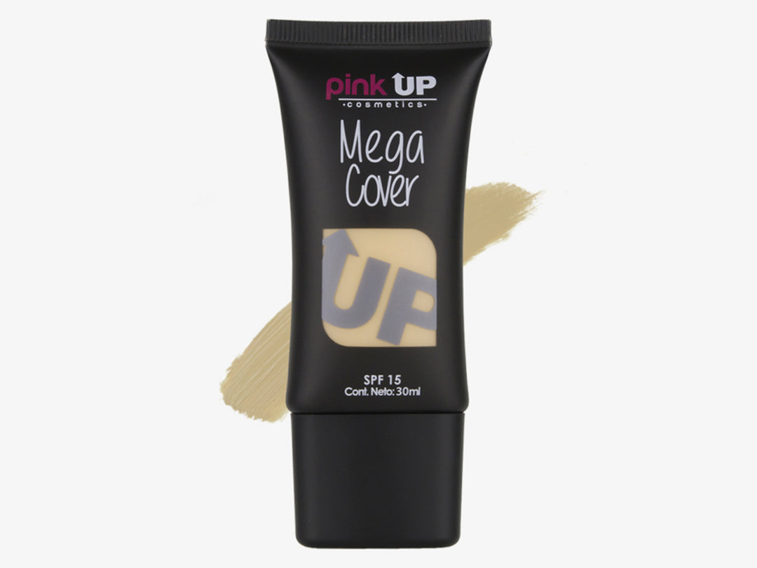 Tubo negro de base de maquillaje Pink Up Mega Cover con una muestra de color beige claro.