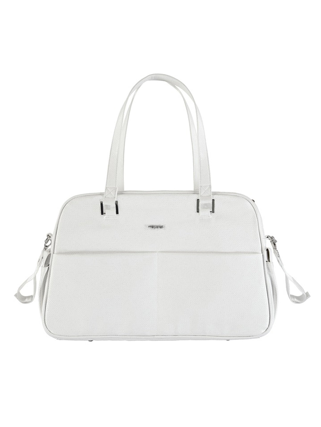 Bolso de polipiel color crudo con asas largas y correas laterales.