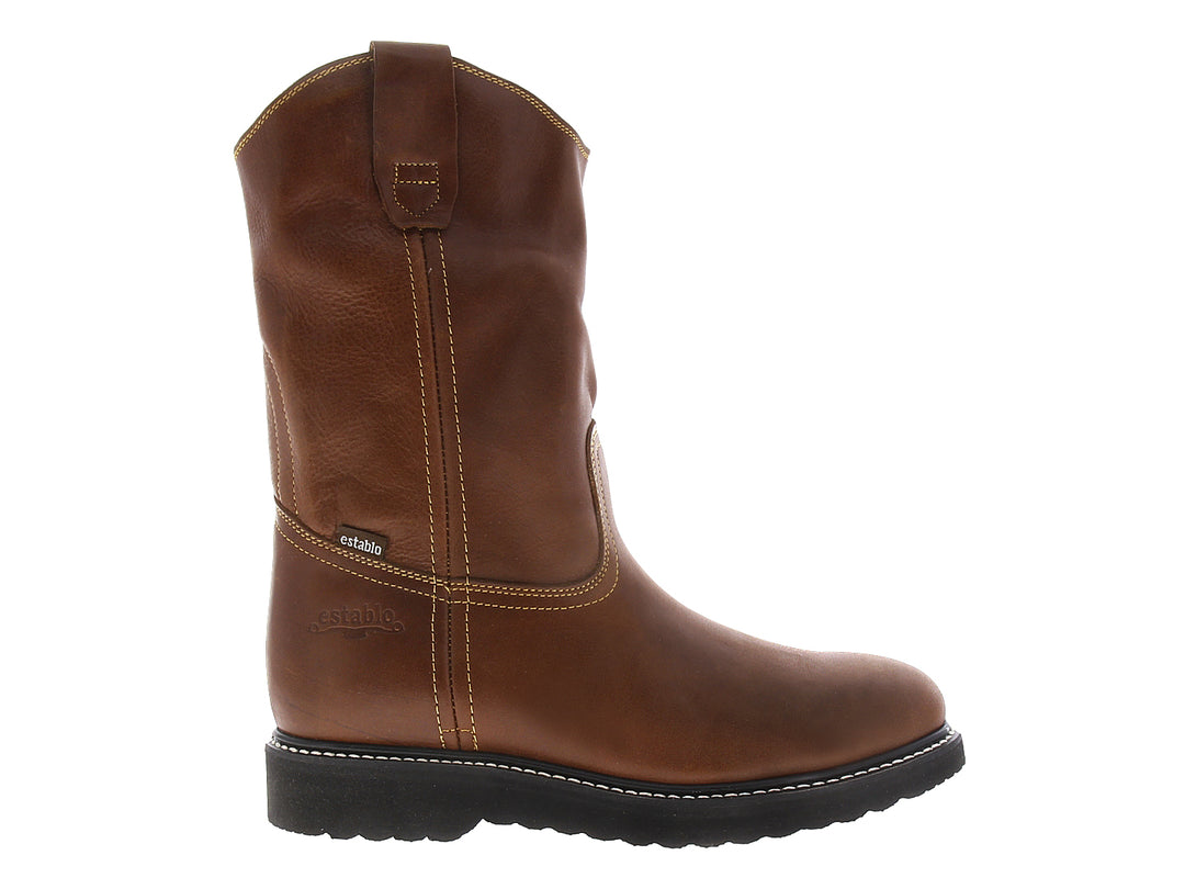 Bota de cuero color miel con suela negra y costuras decorativas.