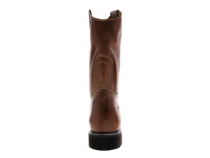 Bota de cuero color miel con suela negra y costuras decorativas.