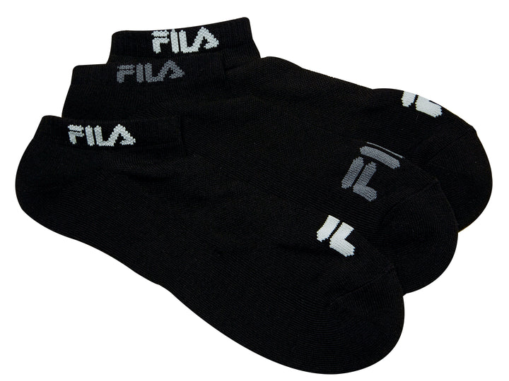 Set de tres pares de calcetines negros con el logotipo de FILA en color blanco.