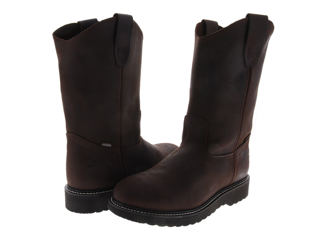 Bota de cuero color café con suela negra y acabado mate.