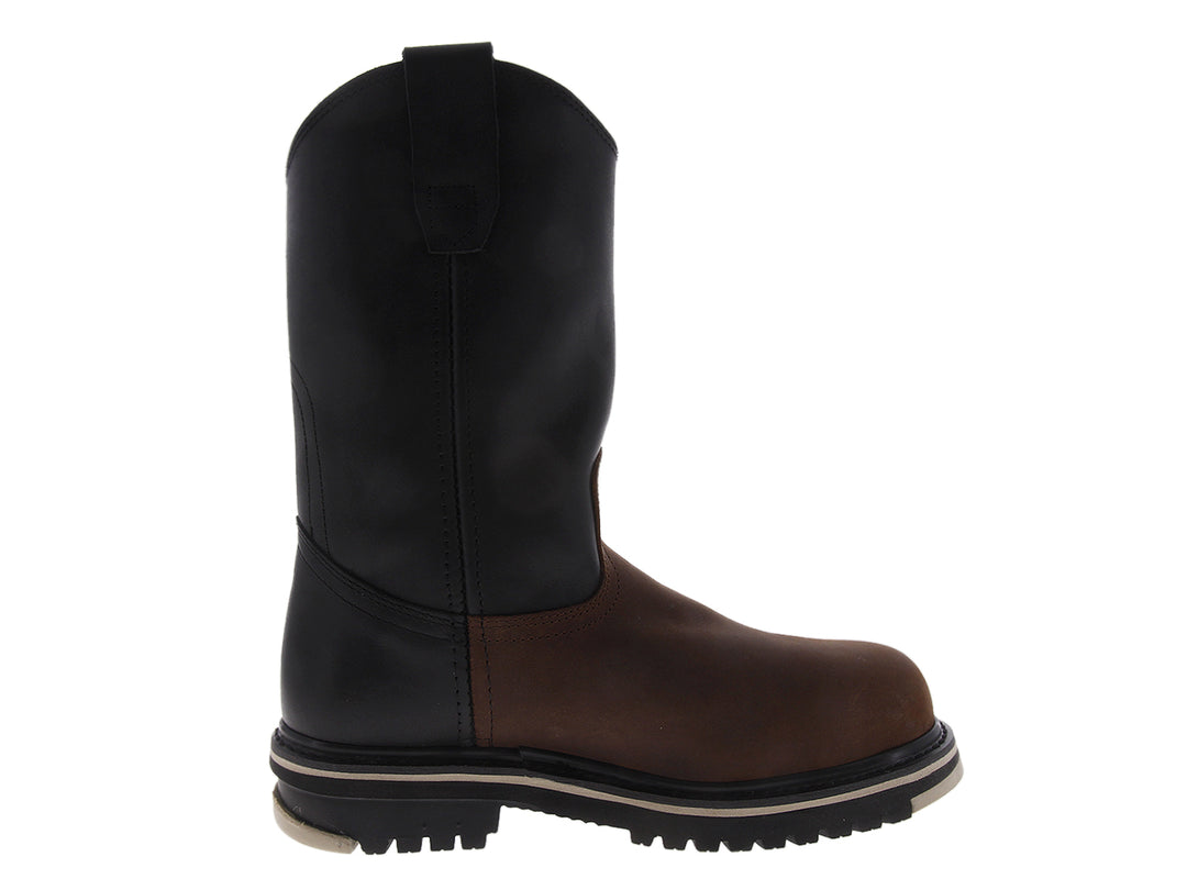 Bota de trabajo Establo en colores negro y café con puntera de acero y suela robusta.