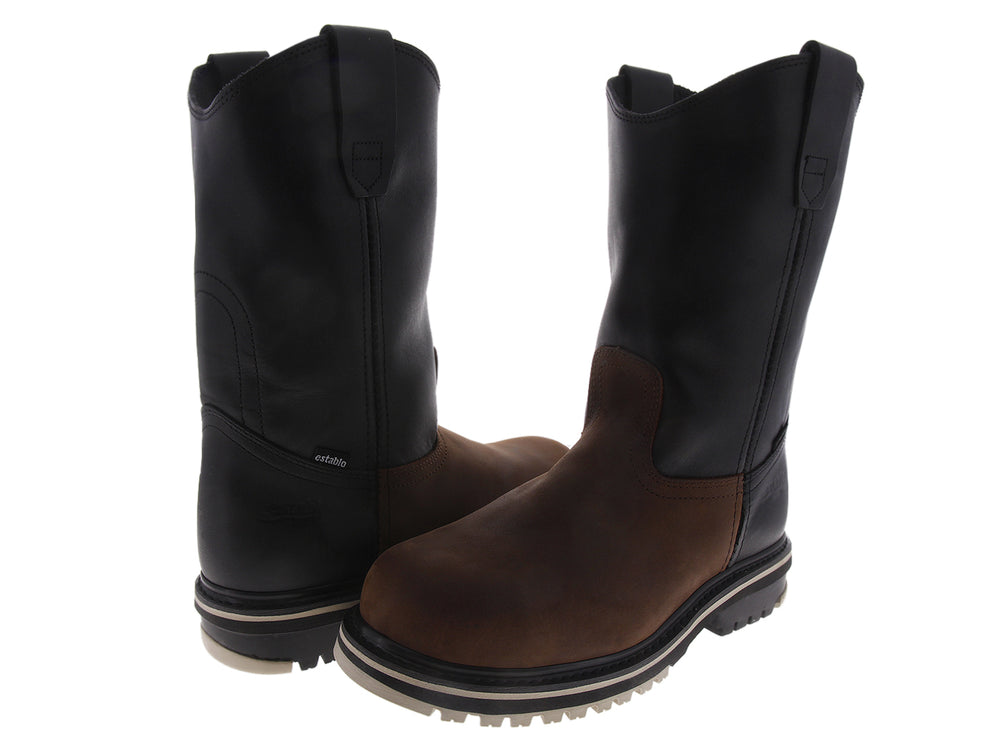Bota de trabajo Establo en colores negro y café con puntera de acero y suela robusta.