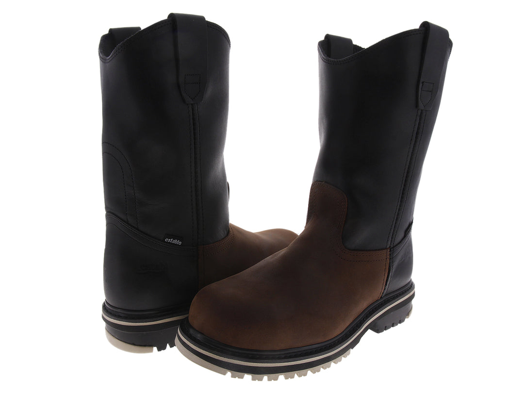 Bota de trabajo Establo en colores negro y café con puntera de acero y suela robusta.