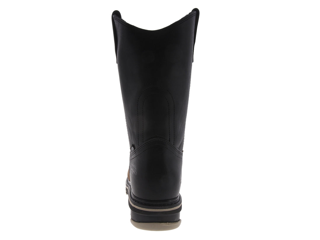 Bota de trabajo Establo en colores negro y café con puntera de acero y suela robusta.