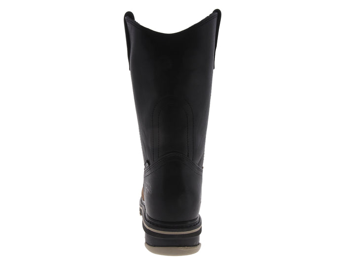 Bota de trabajo Establo en colores negro y café con puntera de acero y suela robusta.