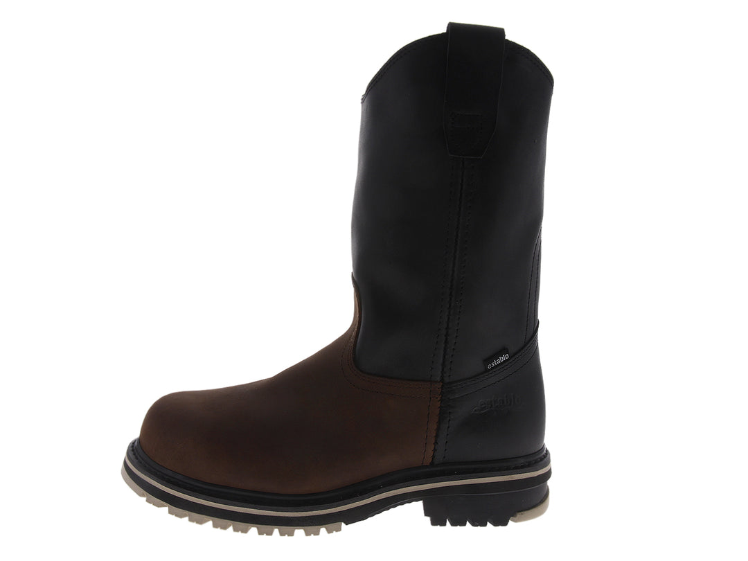 Bota de trabajo Establo en colores negro y café con puntera de acero y suela robusta.