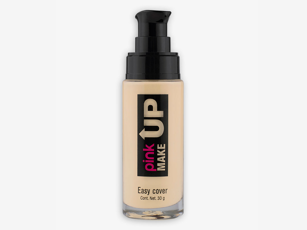Envase cilíndrico de base de maquillaje Pink Up Easy Cover color pálido con dispensador negro.