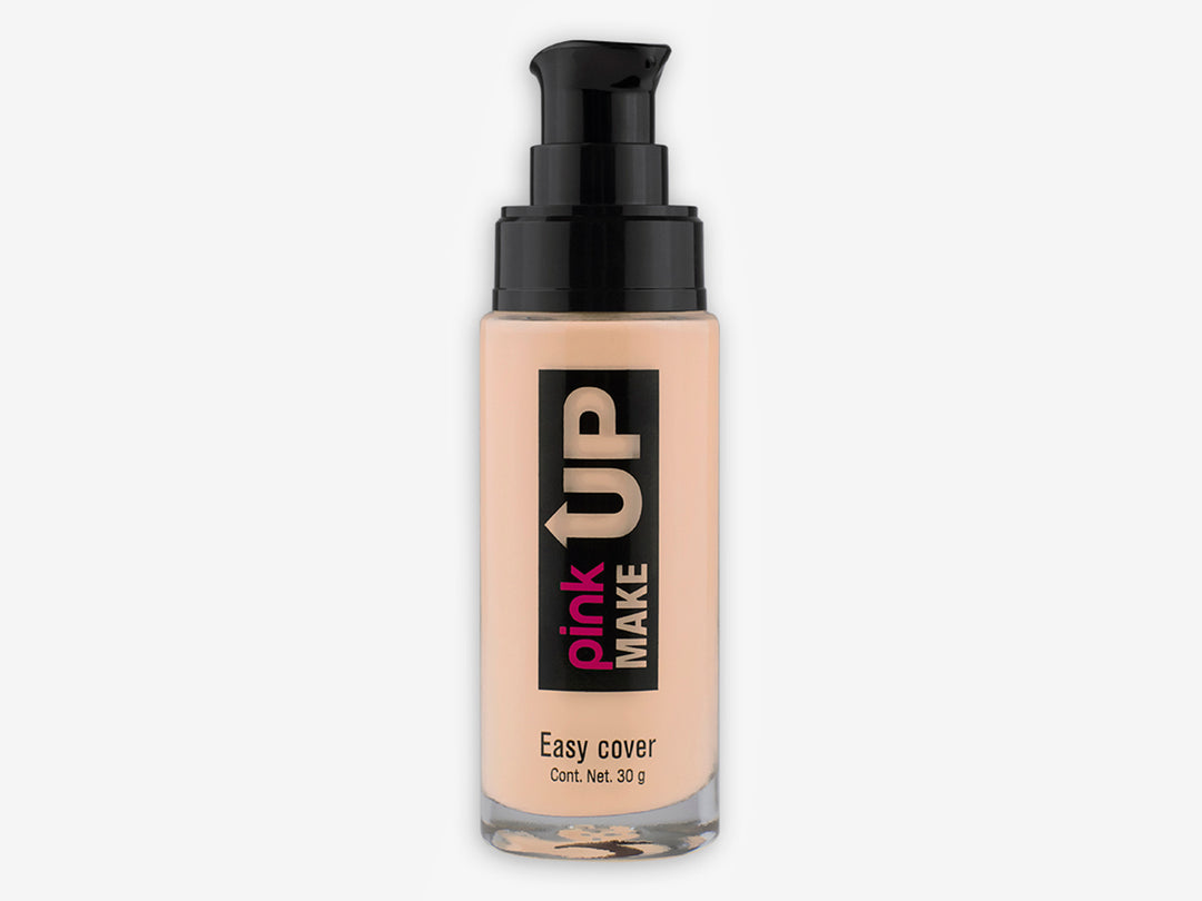 Envase cilíndrico de base de maquillaje Pink Up Easy Cover en color light con dispensador negro.