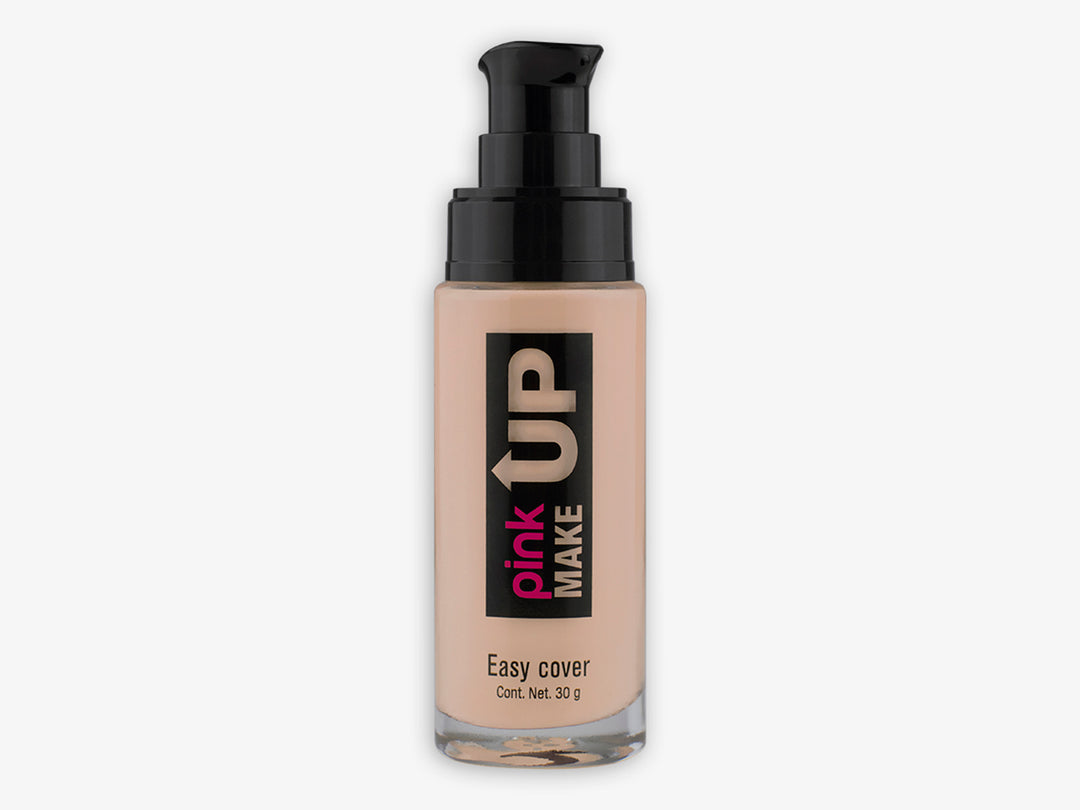 Base de maquillaje Pink Up Easy Cover color True Beige en envase cilíndrico con dispensador negro.