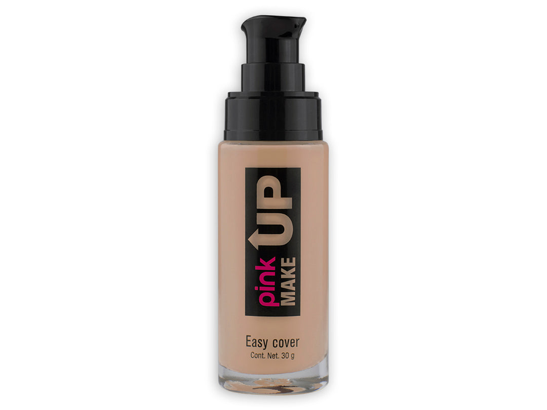 Base de maquillaje Pink Up Easy Cover tono medium en envase cilíndrico con dispensador negro.