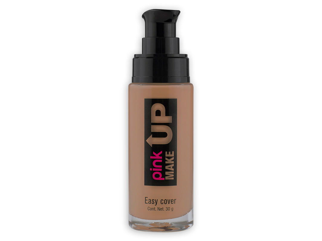 Base de maquillaje Pink Up Easy Cover color tan en envase cilíndrico con dispensador negro.