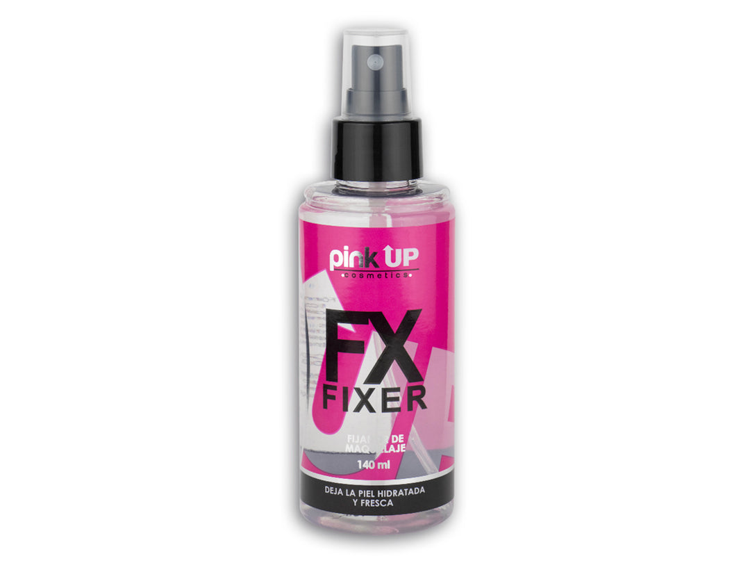 Fijador de maquillaje Pink Up FX Fixer en botella transparente con detalles en rosa y negro.