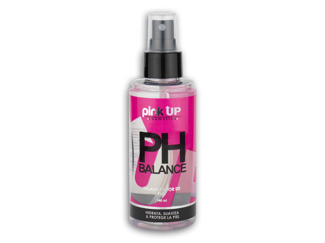Botella de spray Balanceador de Piel Pink Up PH Balance de 140 ml con etiqueta rosa y tapa negra.