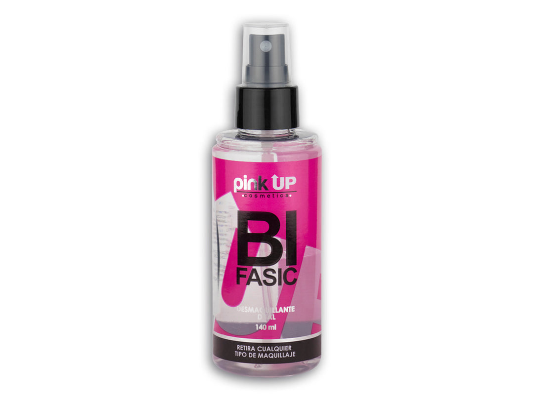Botella de desmaquillante dual Pink Up Bi Fasic de 140 ml con atomizador negro y líquido rosa.