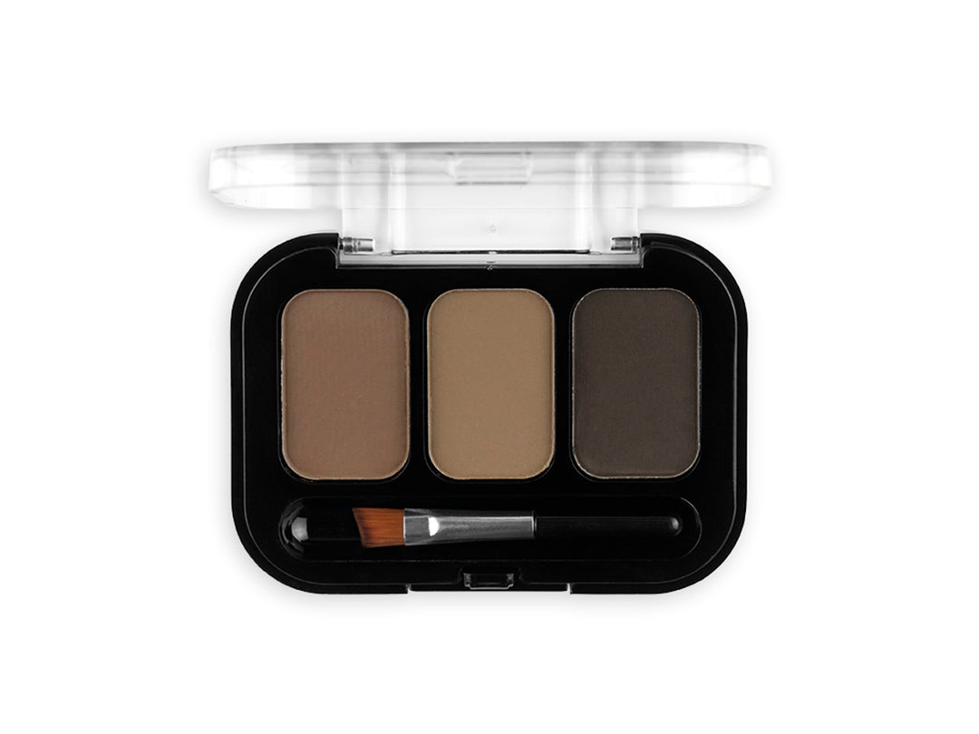Paleta de sombras para cejas Pink Up con tres tonos marrones y pincel en estuche negro.