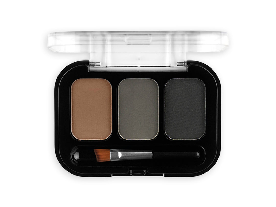 Paleta de sombras para cejas Pink Up con tres tonos neutros y pincel aplicador en estuche negro.