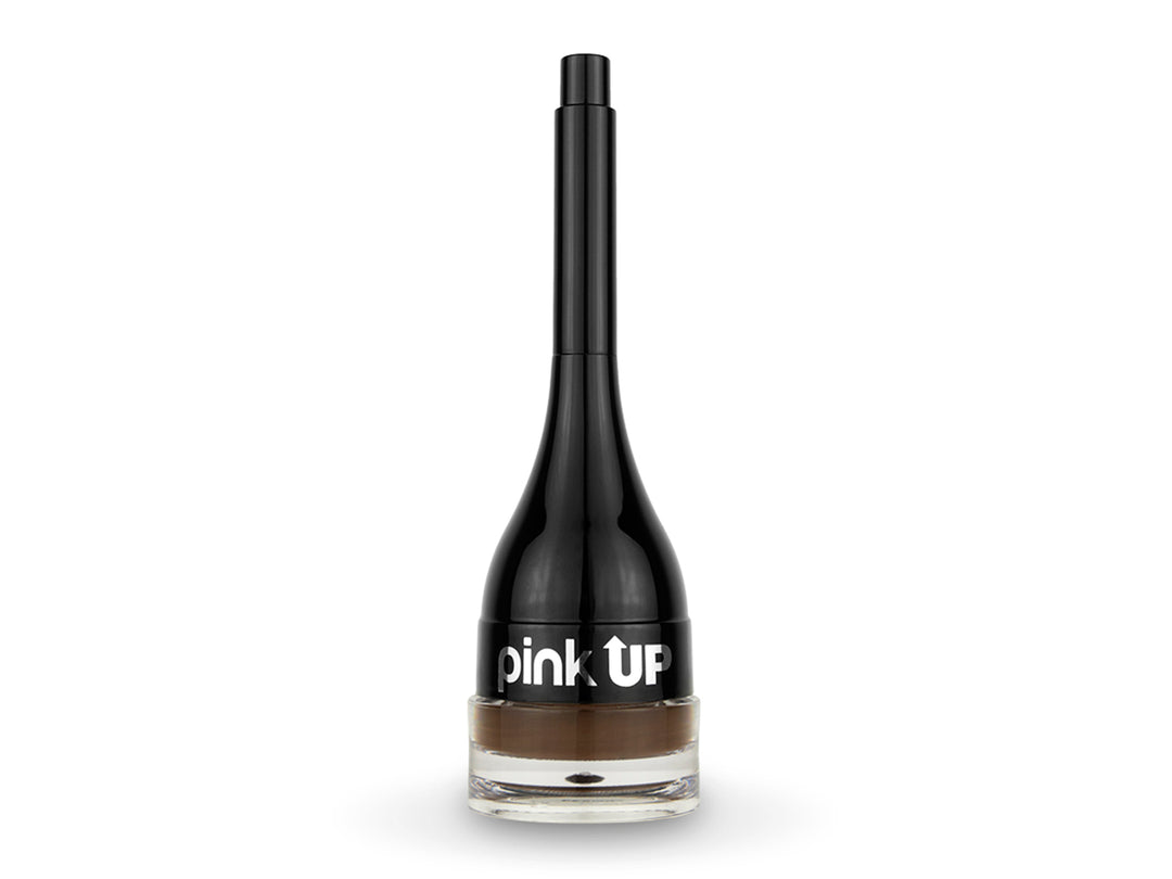 Gel para cejas Pink Up en envase negro y transparente con contenido color marrón.