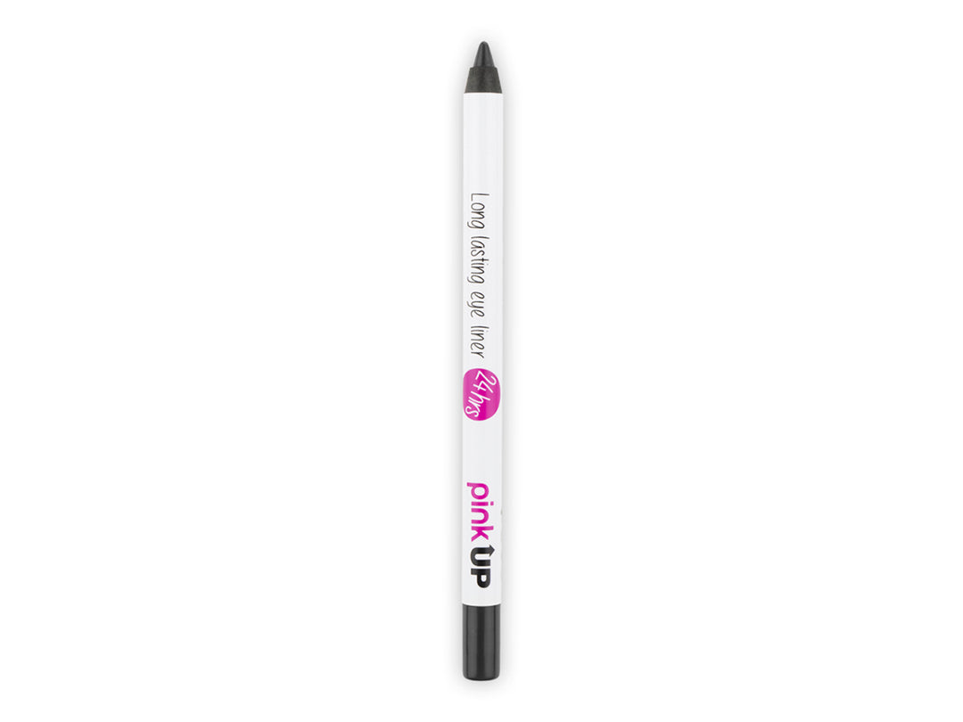 Delineador de ojos Pink Up Long Lasting color Very Black con cuerpo blanco y puntas negras.