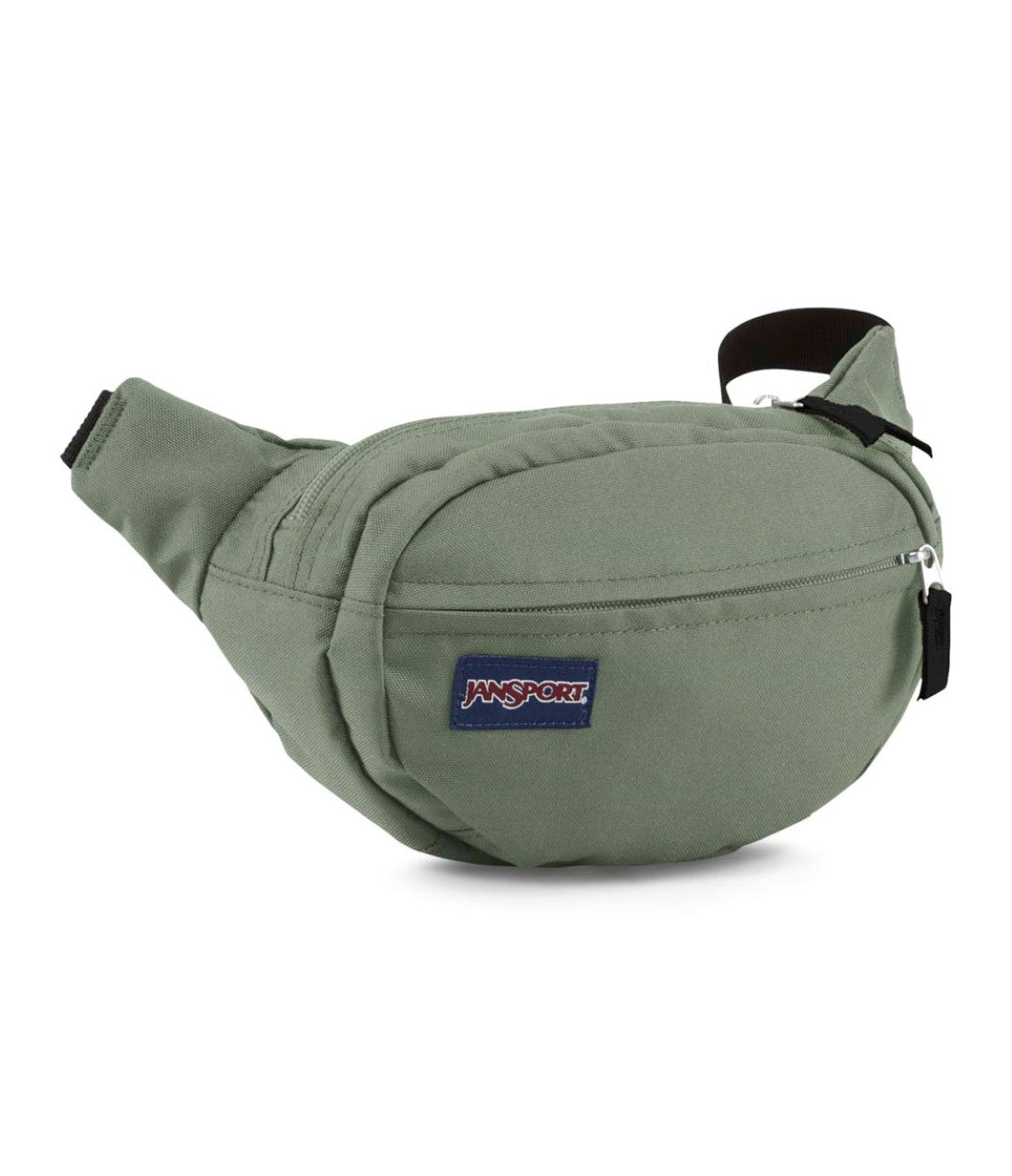 Cangurera JanSport Fifth Avenue en color verde olivo con correa ajustable negra.